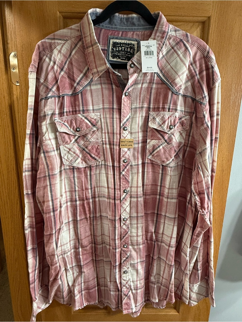 Buckle Men's Athletic Fit Red Cream Plaid Pearl Snap Button-Down Shirt